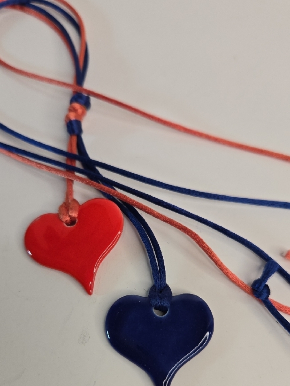 Artisan Blue Red Ceramic Heart Pendant Necklace with Knotted Silk Cord